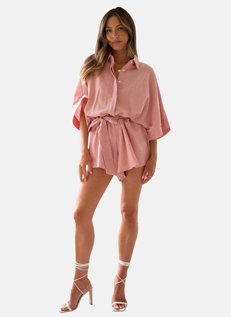 Peach Shirt Collar Solid Cropped Jumpsuit
