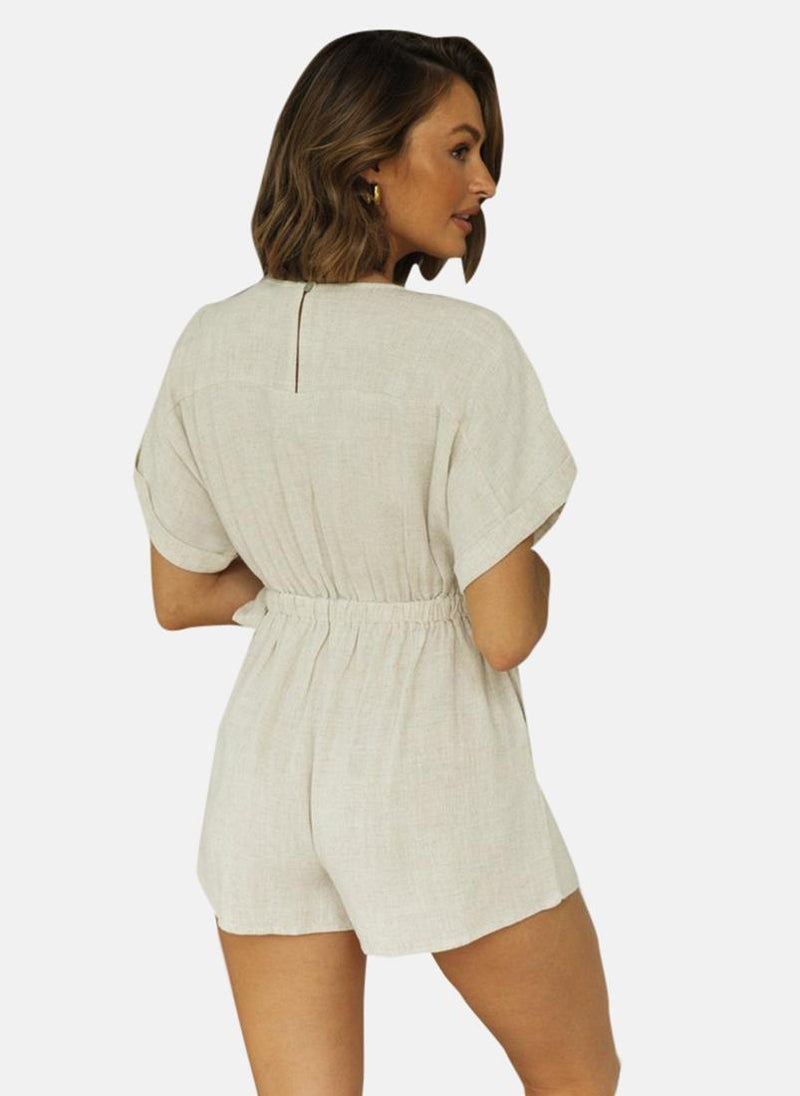 Grey V Neck Solid Cropped Jumpsuit