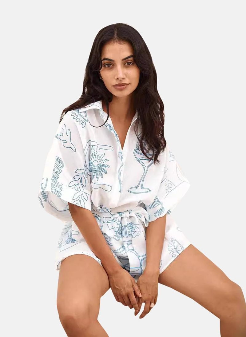 White Collared Tropical Print Cropped Jumpsuit