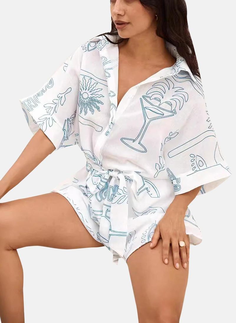 White Collared Tropical Print Cropped Jumpsuit