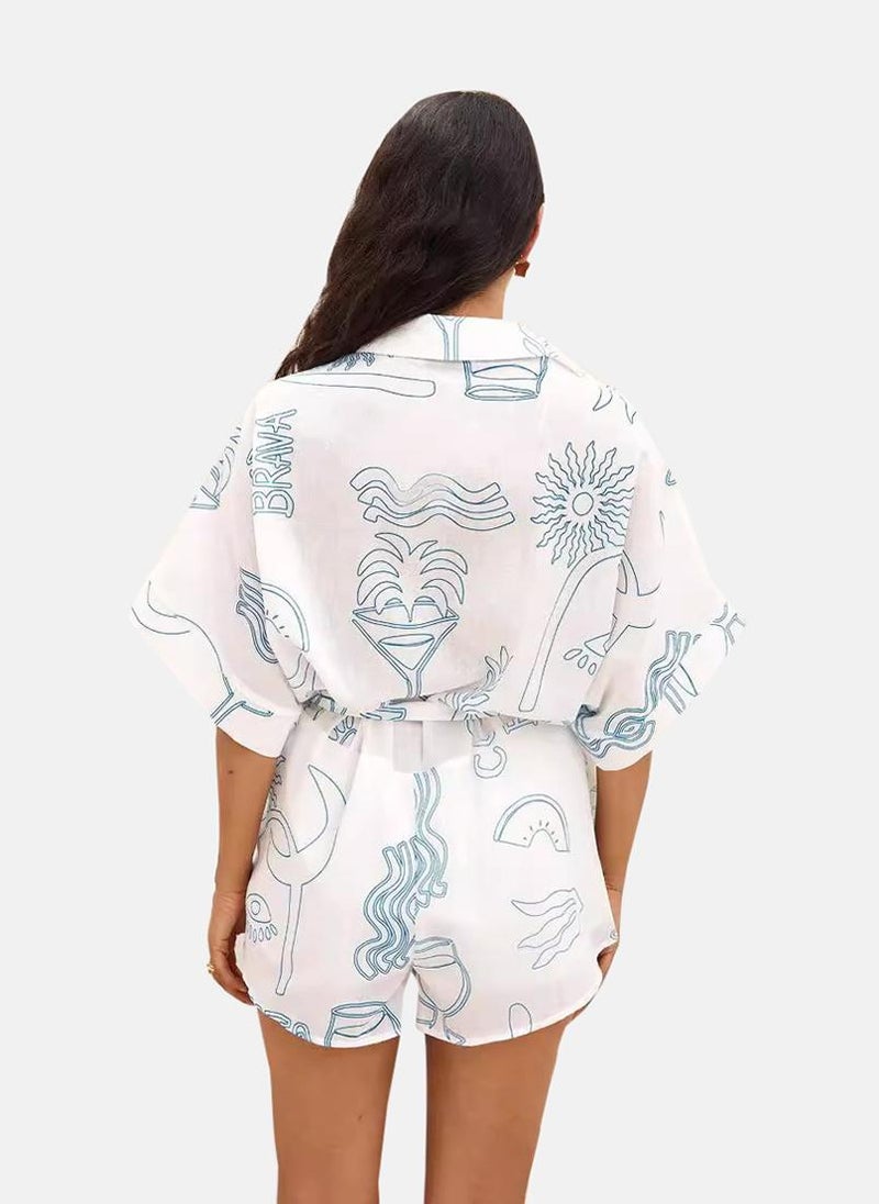 White Collared Tropical Print Cropped Jumpsuit
