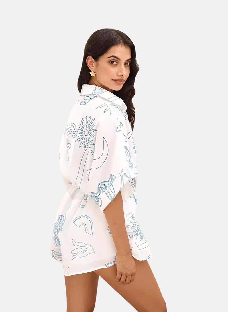 White Collared Tropical Print Cropped Jumpsuit