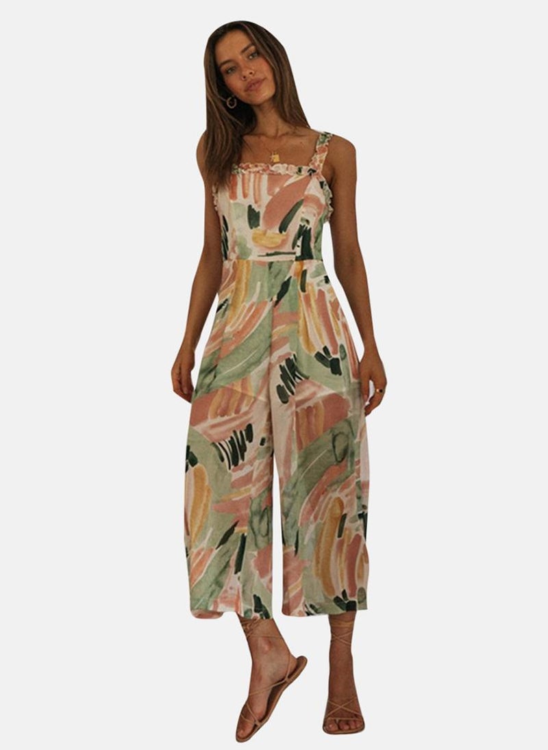 Multicolor Tropical Print Cropped Jumpsuit