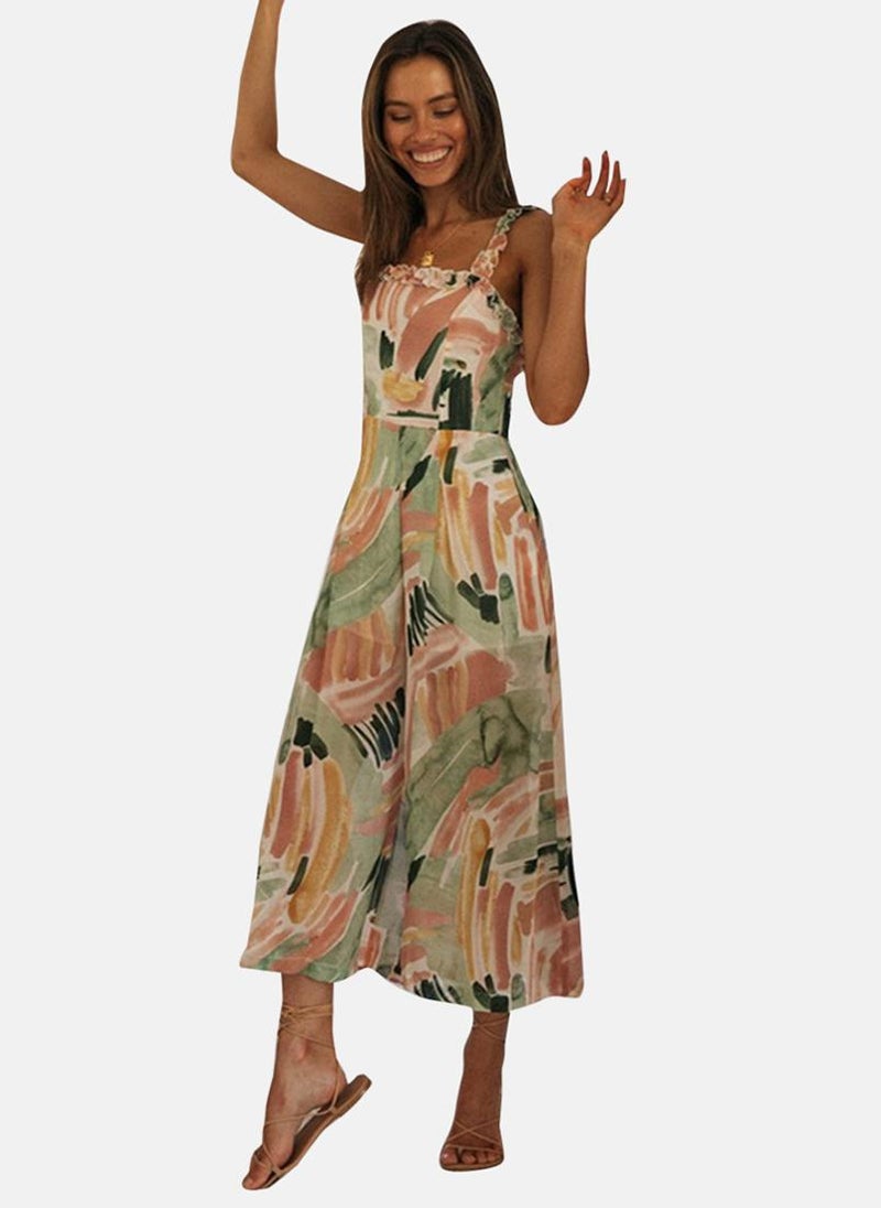 Multicolor Tropical Print Cropped Jumpsuit