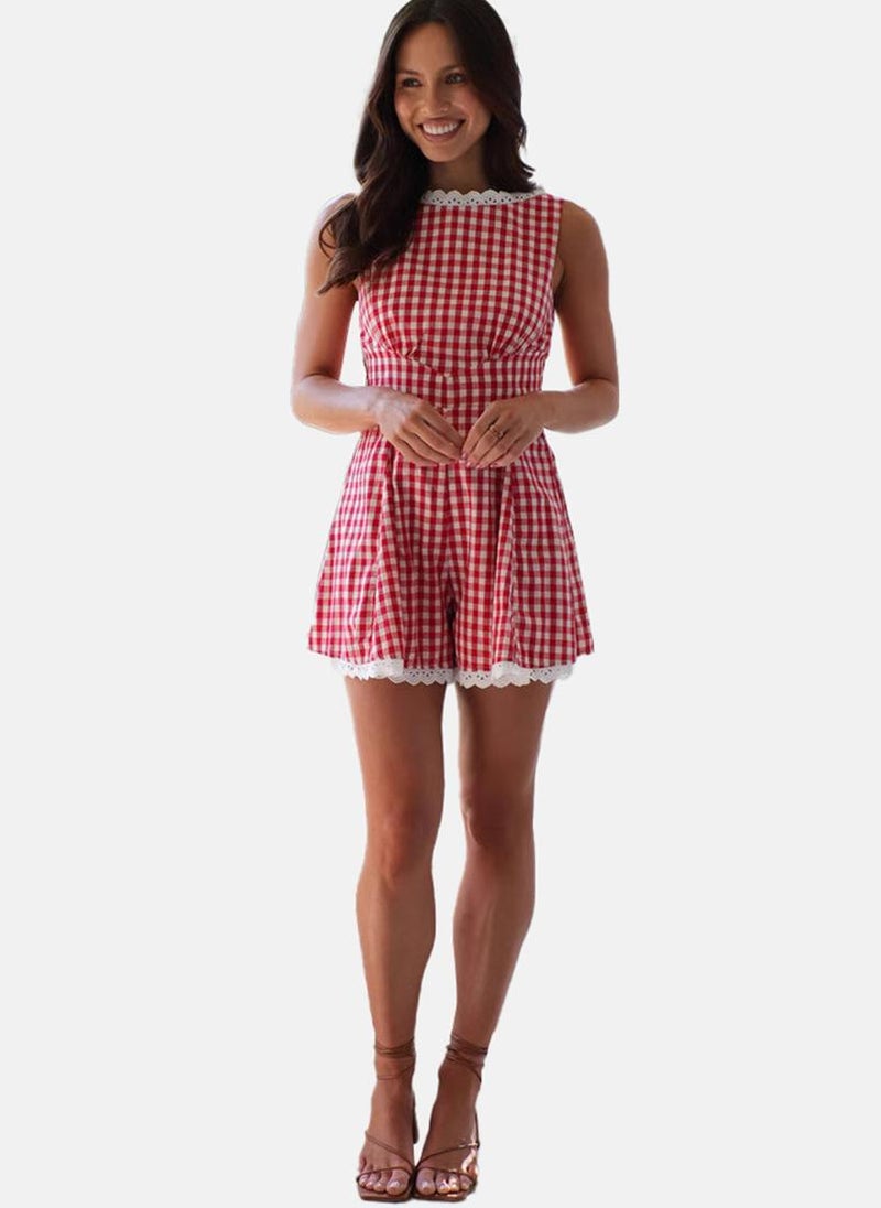 Red Boat Neck Checkered Print Cropped Jumpsuit