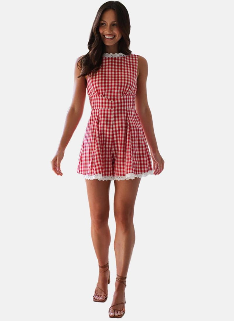 Red Boat Neck Checkered Print Cropped Jumpsuit
