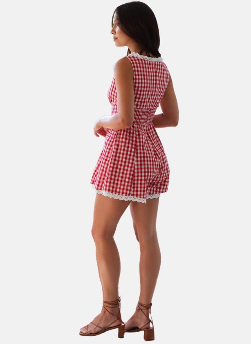 Red Boat Neck Checkered Print Cropped Jumpsuit