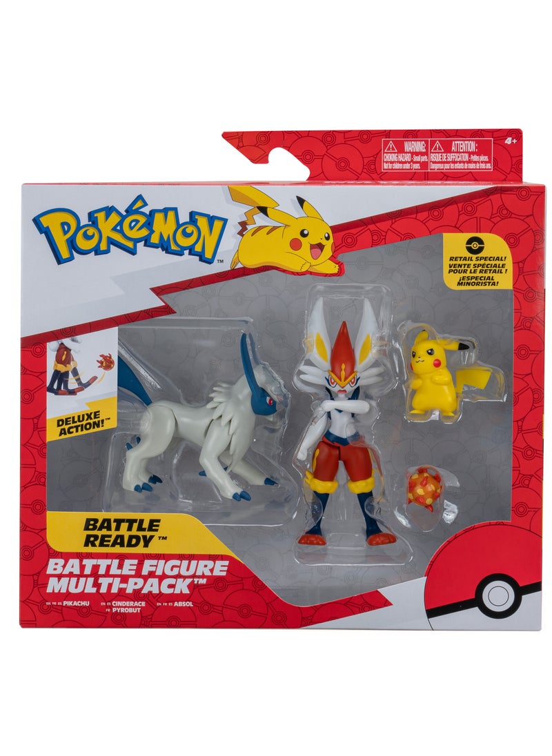 Pokemon Battle Figure 3-in-1 Multi Pack | Character Figure | Collectible Figure | Battle Figure | Pikachu , Absol and Cinderace! | Perfect Gift for Kids and Collectors