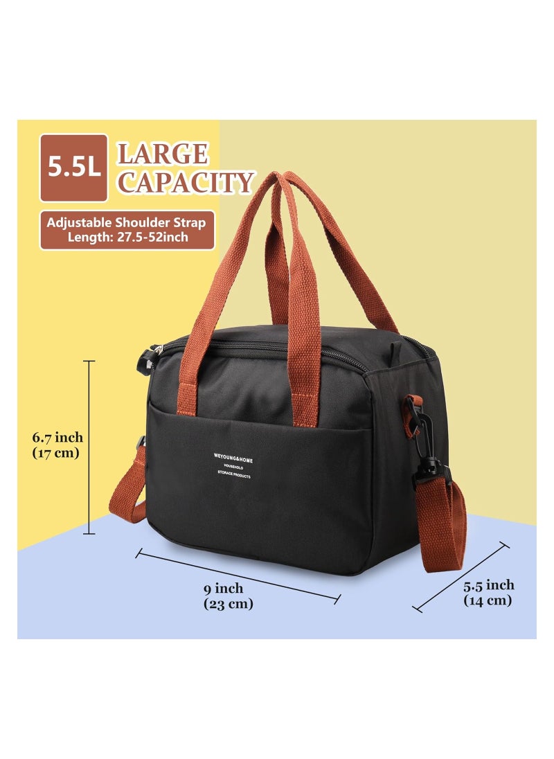 Reusable Lunch Bags, Stylish Insulated Lunch Bag for Women/Men - Durable Lunch Tote with Adjustable Strap, Ideal for Work, Picnic, and Beach - Reusable Lunch Box with Thermal Insulation (Black)