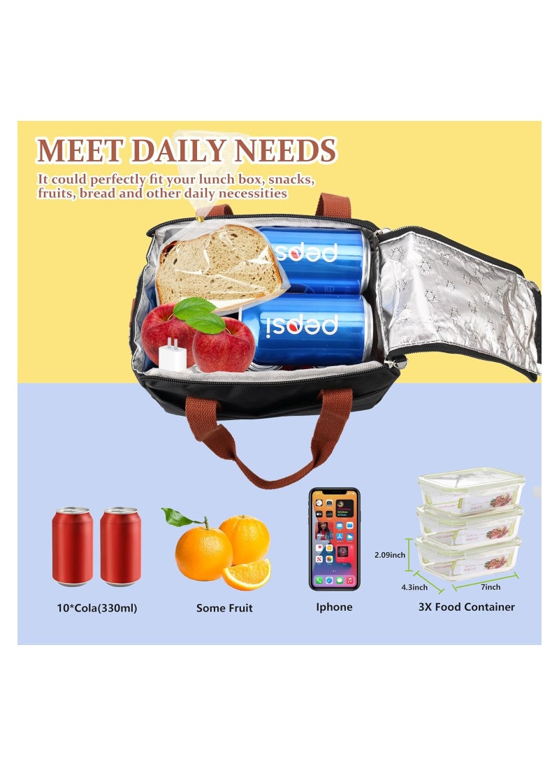 Reusable Lunch Bags, Stylish Insulated Lunch Bag for Women/Men - Durable Lunch Tote with Adjustable Strap, Ideal for Work, Picnic, and Beach - Reusable Lunch Box with Thermal Insulation (Black)