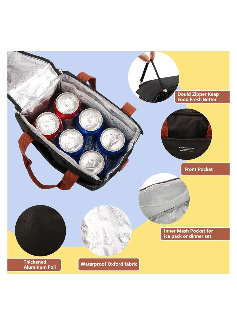 Reusable Lunch Bags, Stylish Insulated Lunch Bag for Women/Men - Durable Lunch Tote with Adjustable Strap, Ideal for Work, Picnic, and Beach - Reusable Lunch Box with Thermal Insulation (Black)