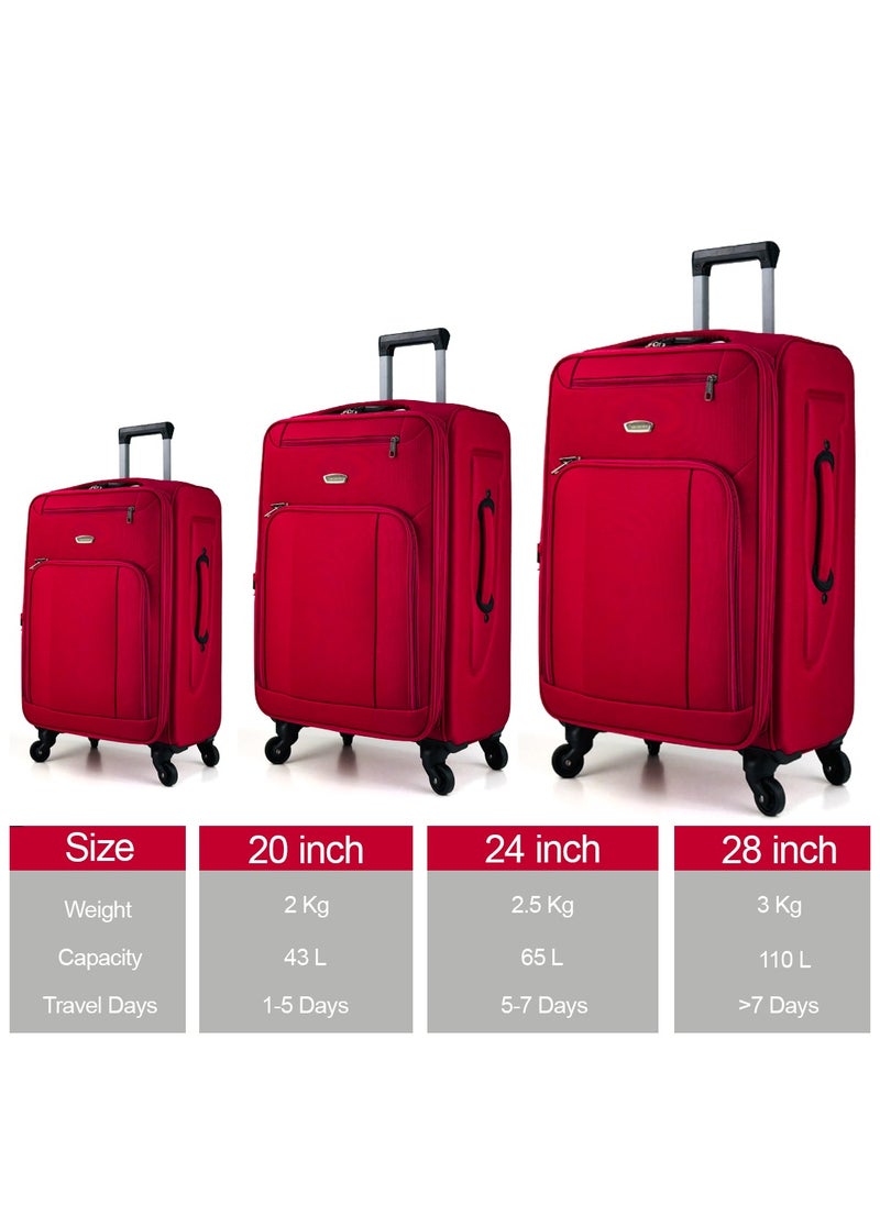 3-Piece Softside Expandable Luggage Set – Lightweight Travel Suitcase with Combination Lock, 360° Spinner Wheels, Durable Nylon-Cotton Fabric, Adjustable Telescopic Handle – Large, Medium & Carry-On Trolley Bags (20''/24''/28'') –Red