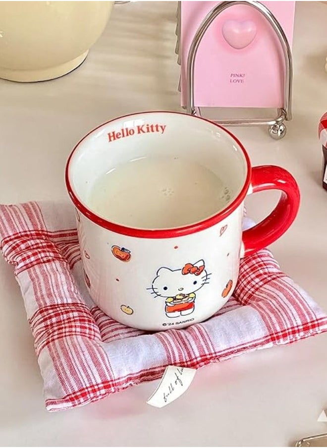 Hello Kitty Ceramic Coffee Mug, White with Red Trim, Apple Pattern Design