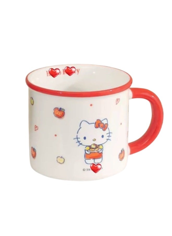 Hello Kitty Ceramic Coffee Mug, White with Red Trim, Apple Pattern Design