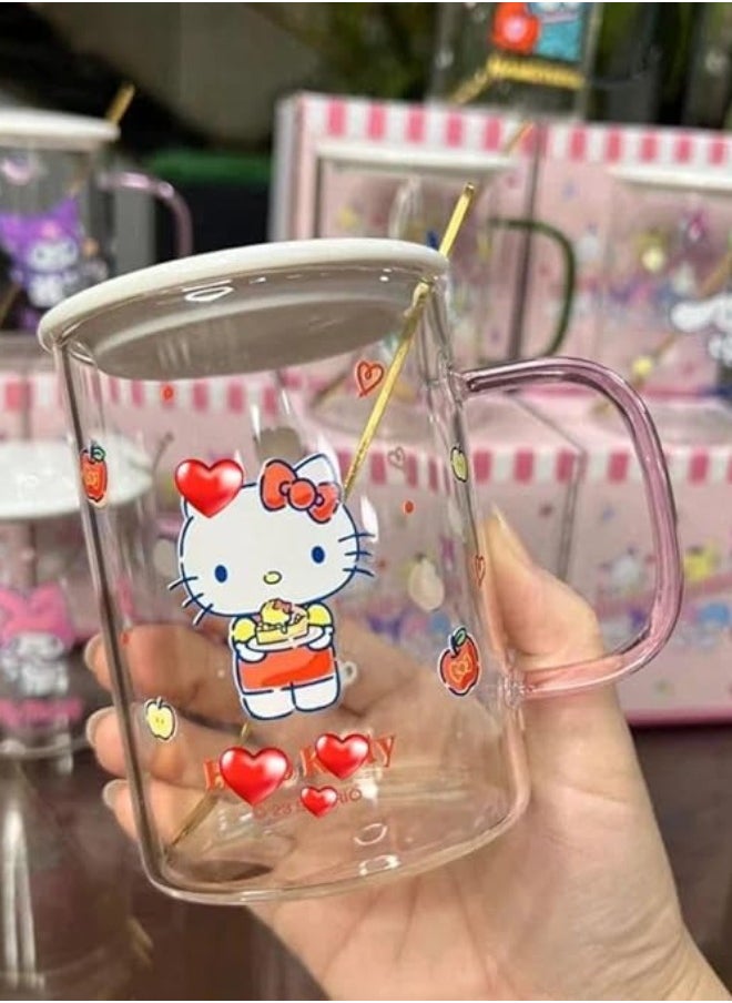 Hello Kitty Glass Mug with Lid and Straw