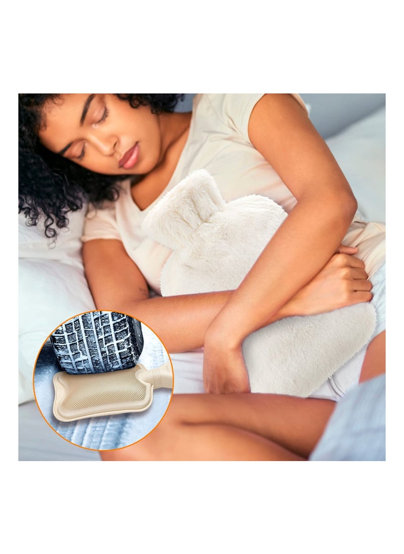 Hot Water Bottle with Soft Fleece Cover, 2L Hot Water Bag for Cold & Hot Therapy, Pain Relief, Back, Neck, Period Cramps - Best Gift (Beige)
