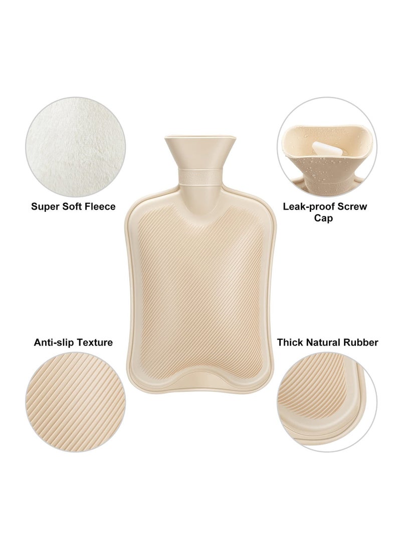 Hot Water Bottle with Soft Fleece Cover, 2L Hot Water Bag for Cold & Hot Therapy, Pain Relief, Back, Neck, Period Cramps - Best Gift (Beige)