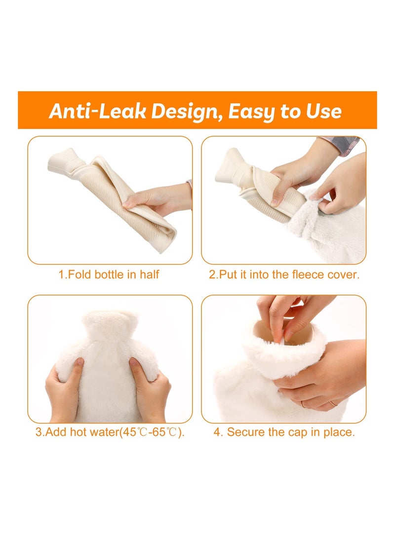 Hot Water Bottle with Soft Fleece Cover, 2L Hot Water Bag for Cold & Hot Therapy, Pain Relief, Back, Neck, Period Cramps - Best Gift (Beige)