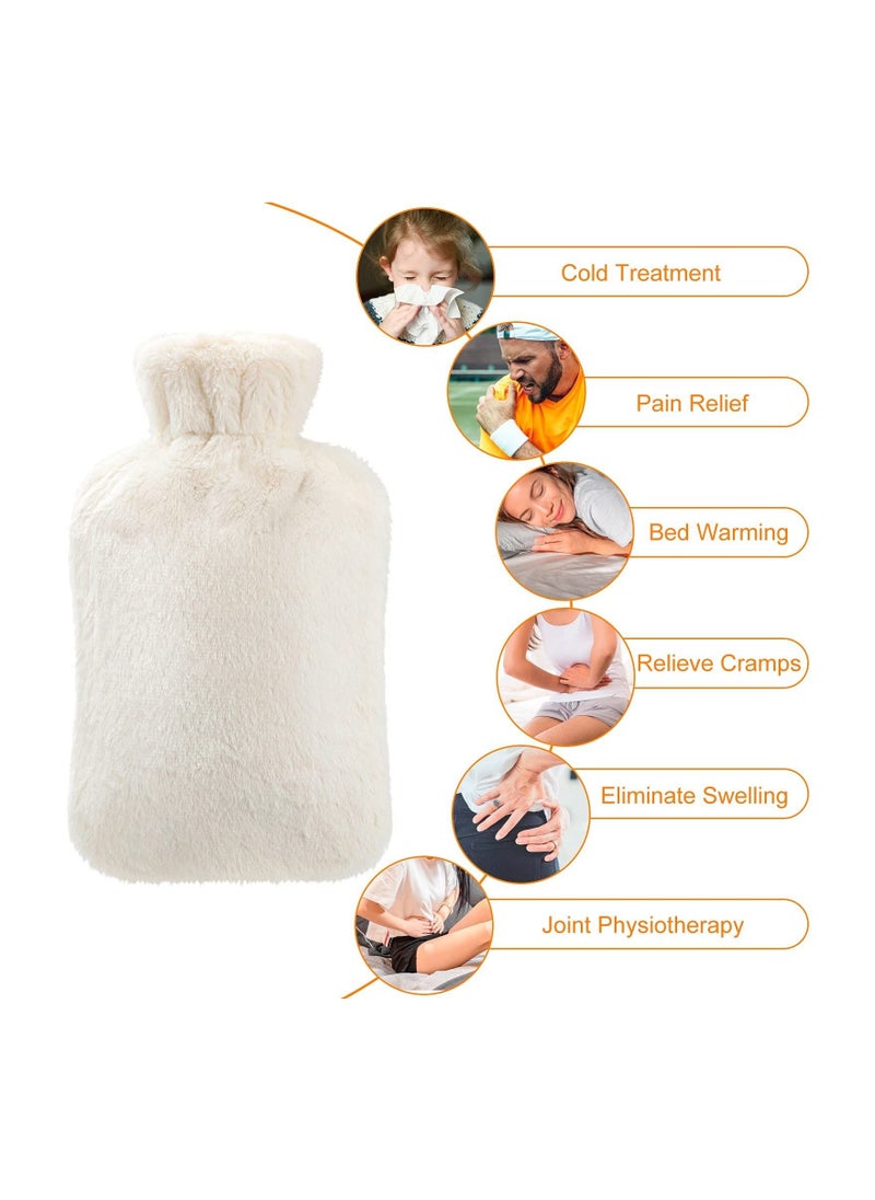 Hot Water Bottle with Soft Fleece Cover, 2L Hot Water Bag for Cold & Hot Therapy, Pain Relief, Back, Neck, Period Cramps - Best Gift (Beige)