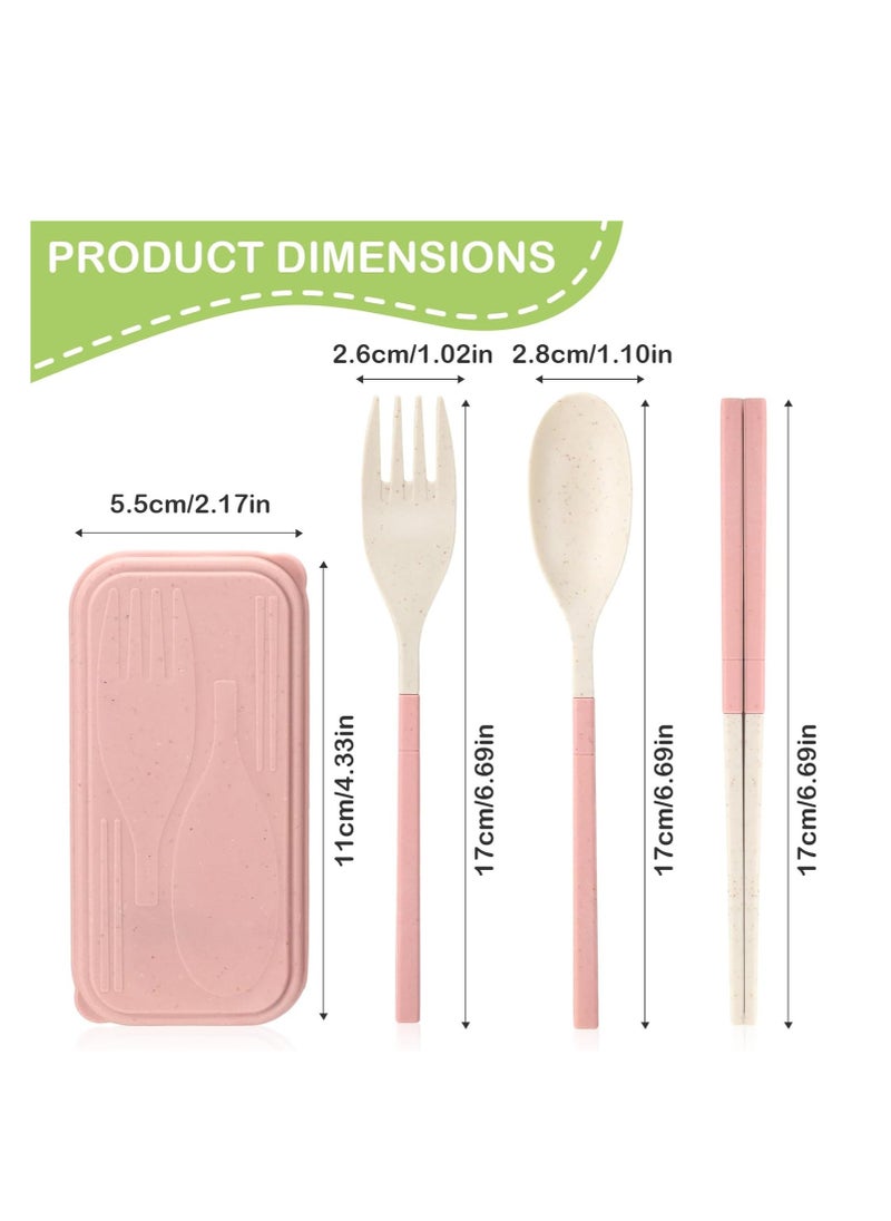 Travel Utensil Set with Case, Wheat Straw Portable Plastic Collapsible Spoon Chopsticks Forks, Camping Cutlery Lunch Utensils Cutlery Bulk for Kids Adults, 8 Sets, Pink, Green, Blue, Beige