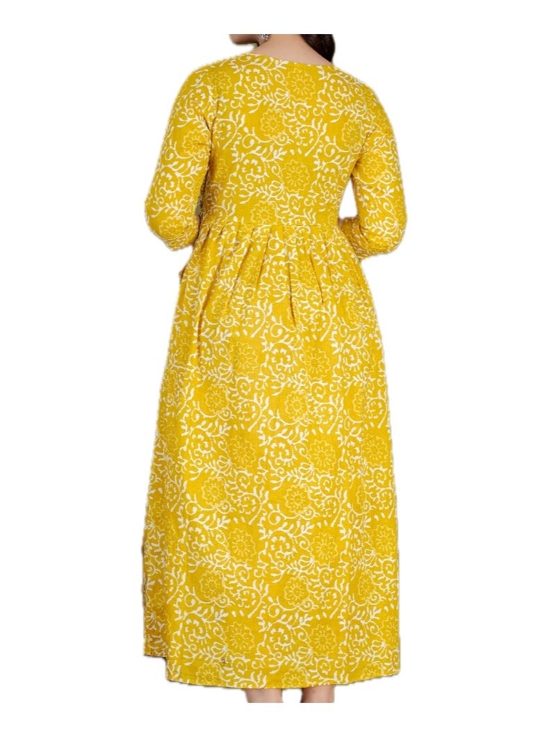 Zebees Cotton Floral Print Dress, Yellow, 3/4 Sleeve,Maternity/Feeding Dress