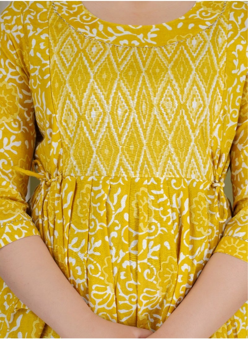 Zebees Cotton Floral Print Dress, Yellow, 3/4 Sleeve,Maternity/Feeding Dress