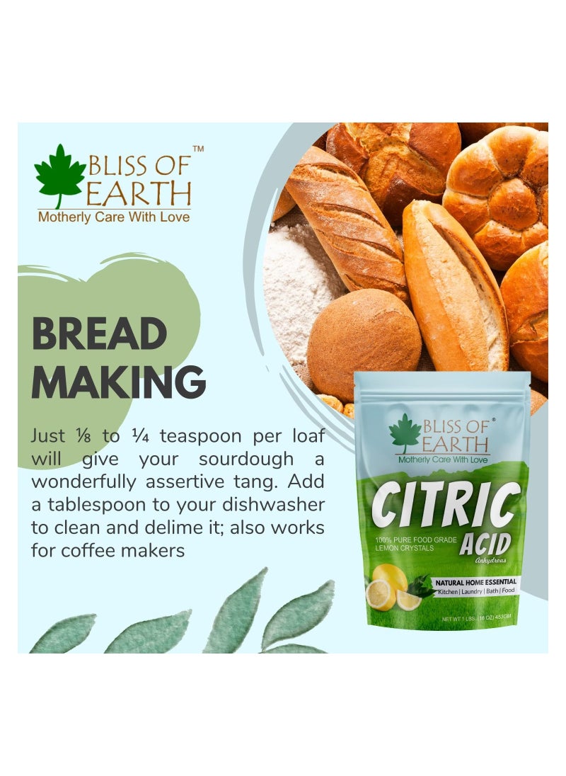 Bliss of Earth  4x453GM Anhydrous Citric Acid Powder For Food Bath Bombs Cleaning & Preserving