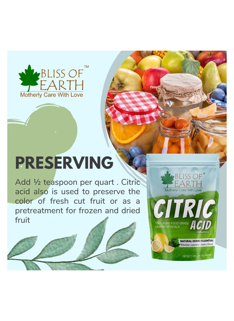 Bliss of Earth  4x453GM Anhydrous Citric Acid Powder For Food Bath Bombs Cleaning & Preserving