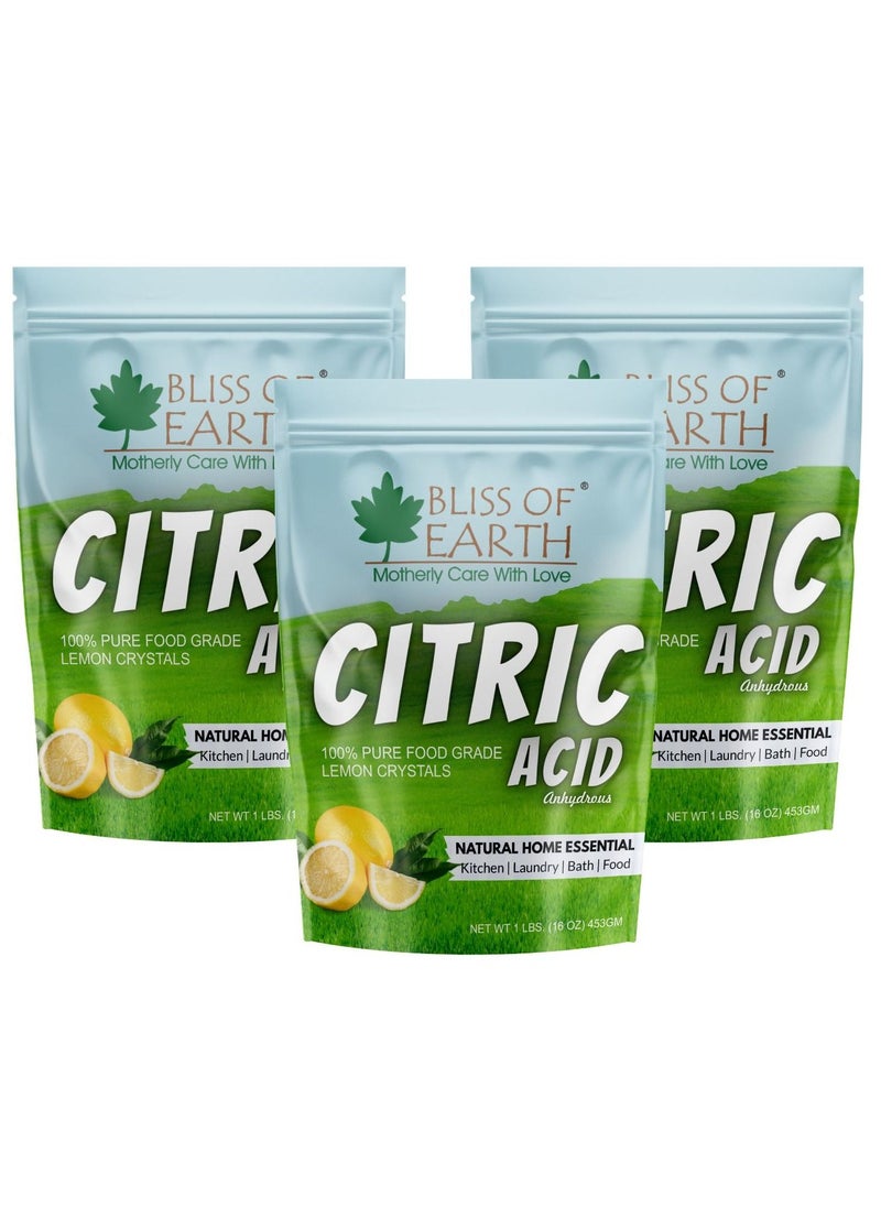 Bliss of Earth  3x453GM Anhydrous Citric Acid Powder For Food Bath Bombs Cleaning & Preserving