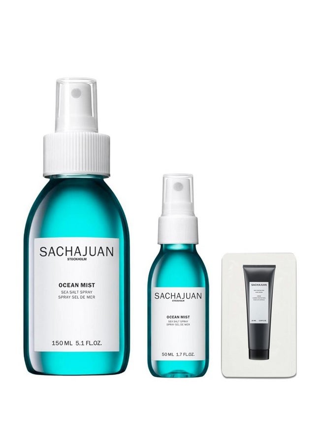Sachajuan Ocean Mist Spray - Non-Sticky Styling Sea Salt Spray with Travel Size and Heat Protectant - Perfect for Creating Hair Definition and Texture - 5.1 oz + 1.7 oz + Packette