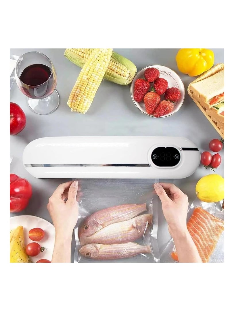 Vacuum Food Sealer, Food Packaging Machine 62 KPa Suction Power, Dry/Wet Mode, Automatic Sealing, White, with 10 vacuum sealer bags