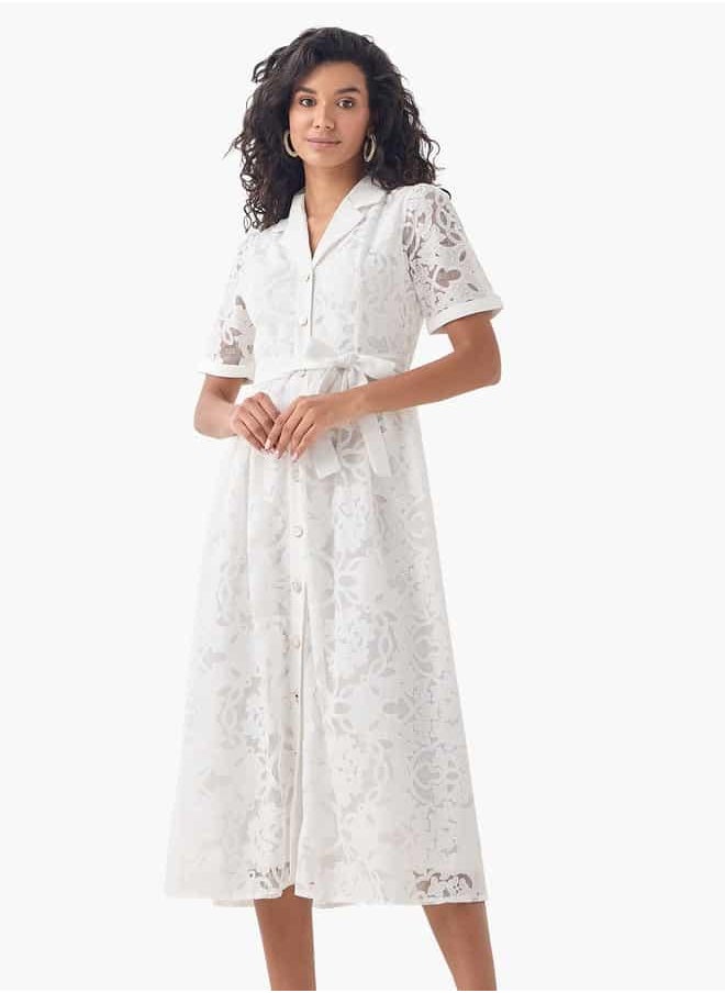 2Xtremz Lace Detail Shirt Dress with Notch Collar and Tie-Up Belt