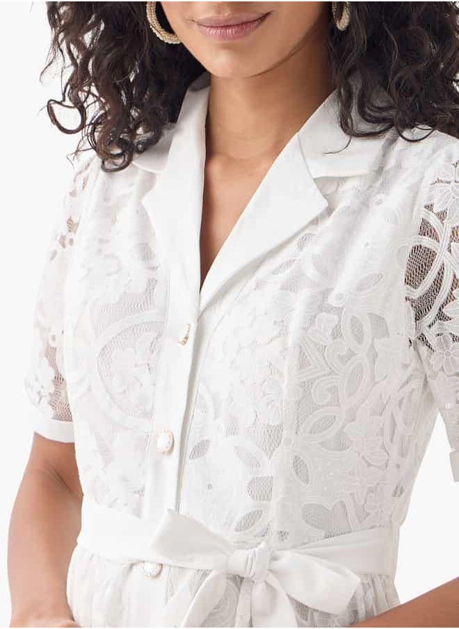 2Xtremz Lace Detail Shirt Dress with Notch Collar and Tie-Up Belt