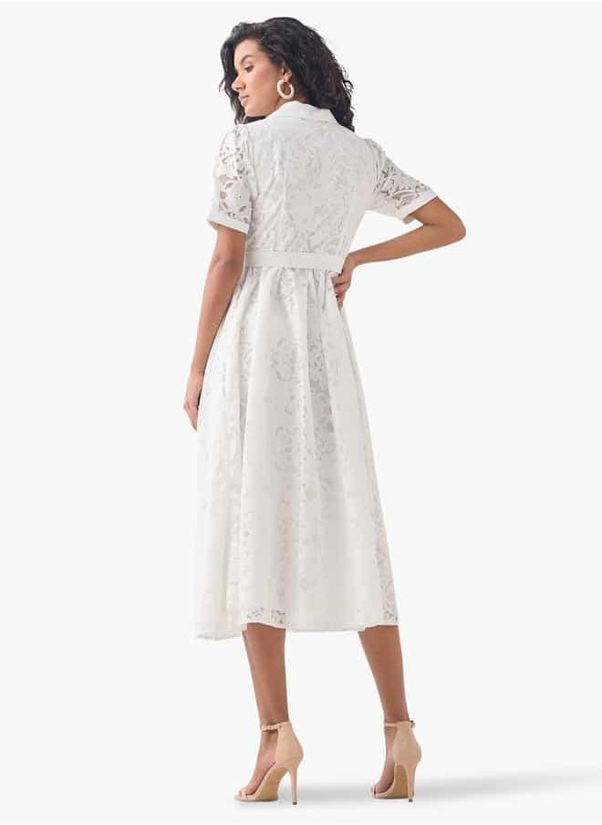 2Xtremz Lace Detail Shirt Dress with Notch Collar and Tie-Up Belt