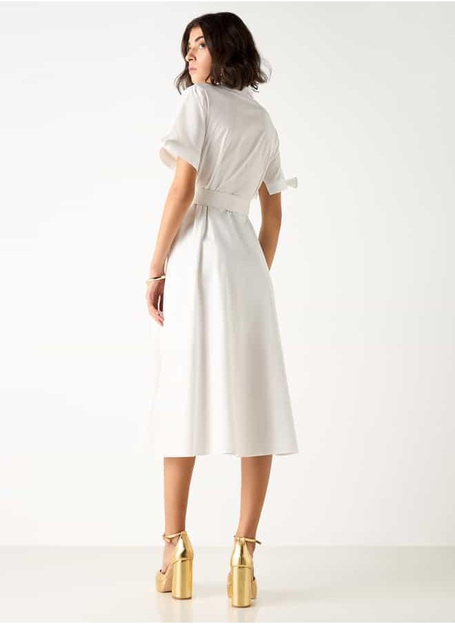 2Xtremz Collared Shirt Dress with Pockets and Belt
