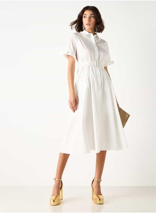 2Xtremz Collared Shirt Dress with Pockets and Belt