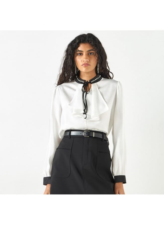 2Xtremz Embellished Top with Tie-Up Neck and Ruffle Detail