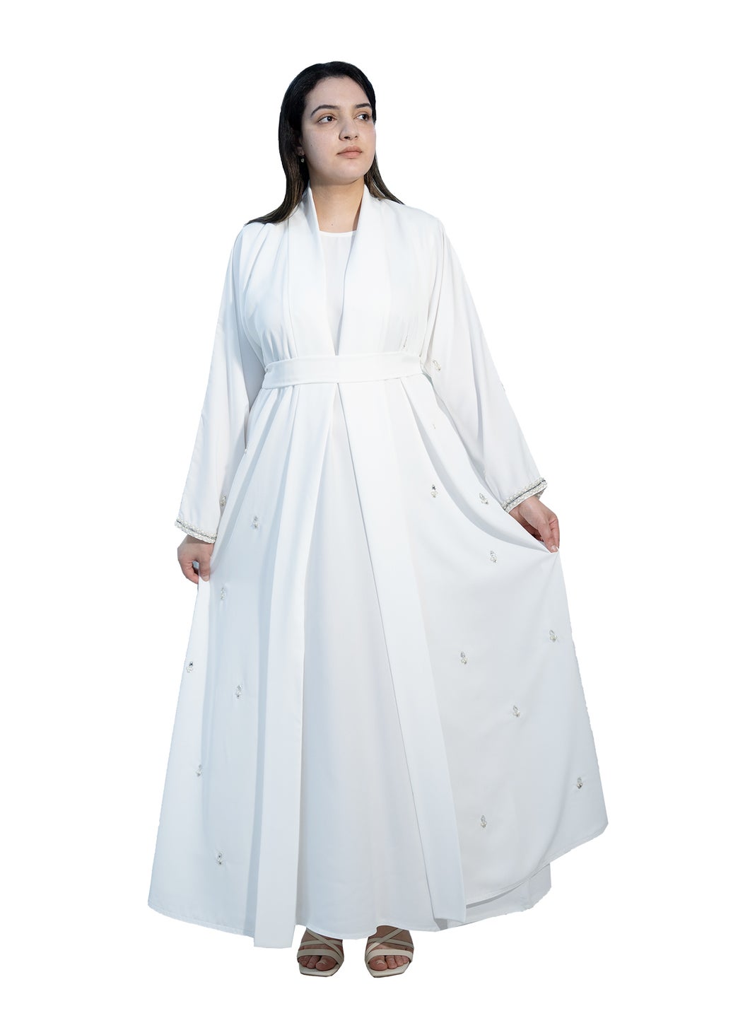 2 piece Elegant White Abaya with beautiful beadwork and matching inner dress-2P666