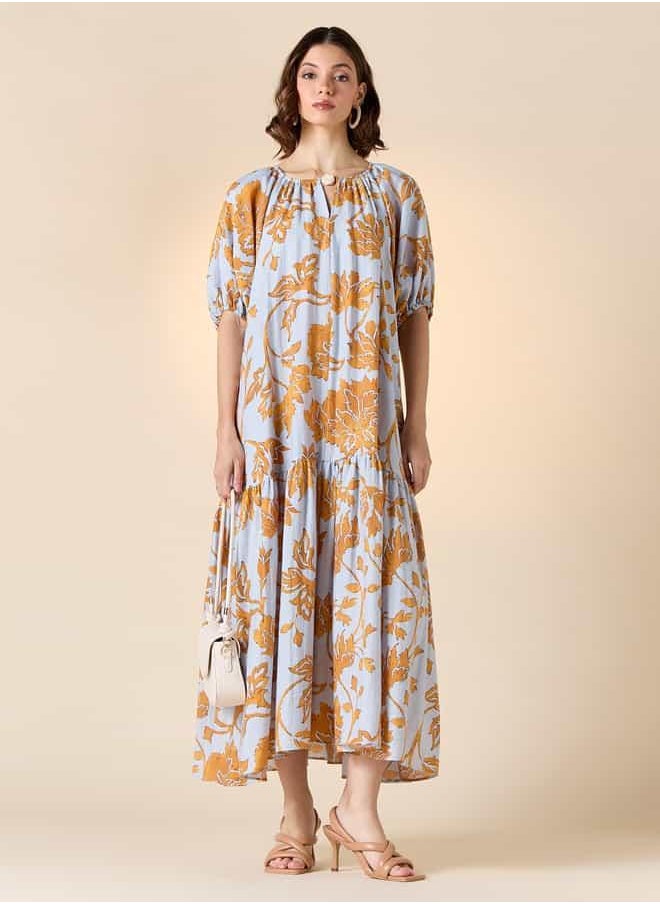 Iconic Printed A-line Dress with Keyhole Neck and Balloon Sleeves