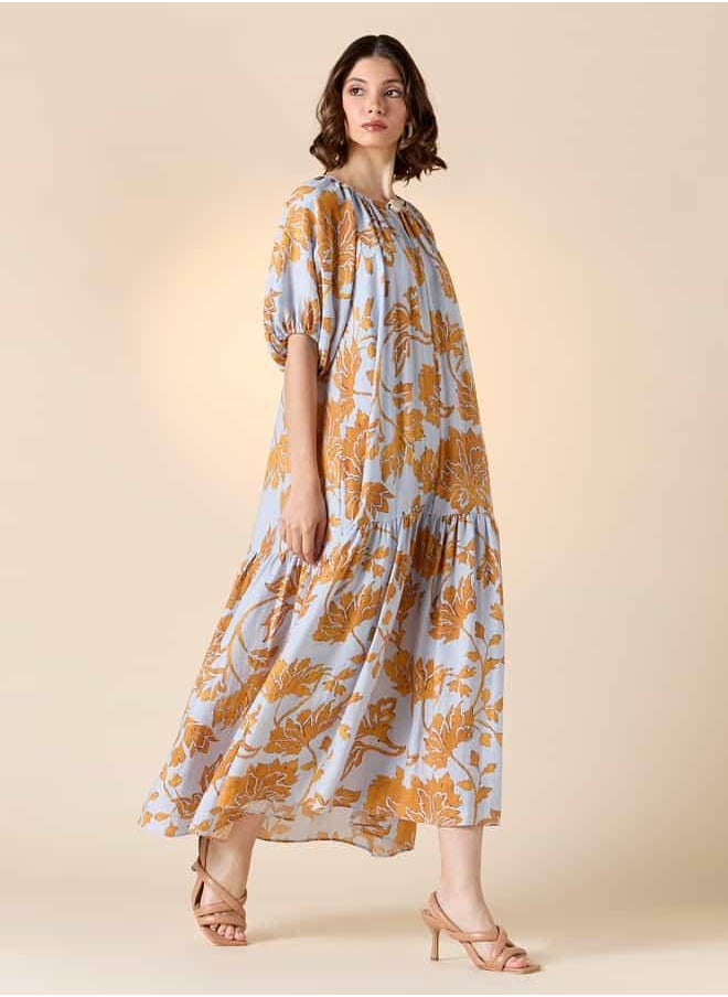 Iconic Printed A-line Dress with Keyhole Neck and Balloon Sleeves