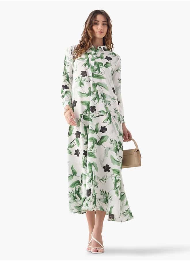 Iconic Floral Print Trapeze Dress with Cuff Sleeves