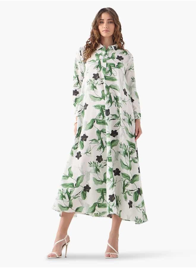 Iconic Floral Print Trapeze Dress with Cuff Sleeves