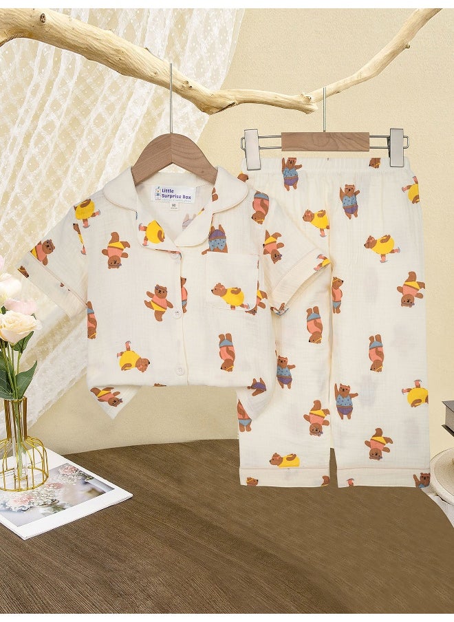 Dancing Bear print soft Muslin organic Cotton Kids Nightsuit