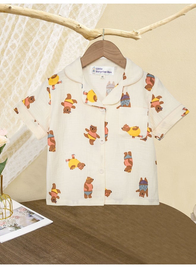 Dancing Bear print soft Muslin organic Cotton Kids Nightsuit