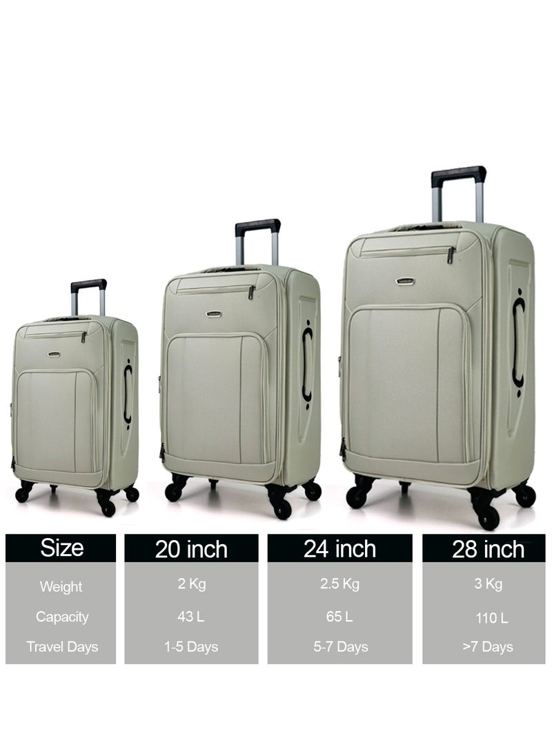 3-Piece Softside Expandable Luggage Set – Lightweight Travel Suitcase with Combination Lock, 360° Spinner Wheels, Durable Nylon-Cotton Fabric, Adjustable Telescopic Handle and Safe anti-theft Expandable Zipper – Large, Medium & Carry-On Trolley Bags - (12kg/25kg/35kg ) (20''/24''/28'') – WHITE