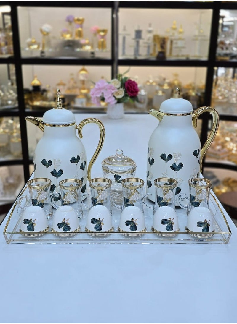 Exclusive 22 Piece Tea and Coffee Set Perfect For Ramadan Kareem 2 Thermos Flasks 6 Tea Cups With Saucers 6 Coffee Cups 1 Acrylic Tray 1 Sugar Bowl New Collection