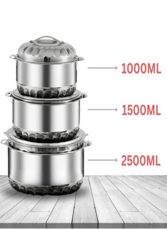 3 Pcs Set Of Stainless Steel Hotpot Includes Large 2500Ml Medium 1500Ml Small 1000Ml Silver