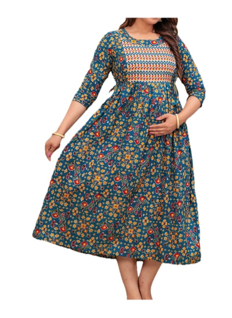 Zebees Cotton Maternity & Feeding Dress, Comfortable Fit, Concealed Zips