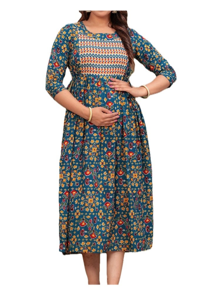 Zebees Cotton Maternity & Feeding Dress, Comfortable Fit, Concealed Zips
