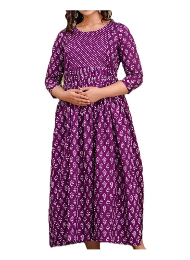 Zebees Cotton Maternity & Feeding Dress, Comfortable Fit, Concealed Zips